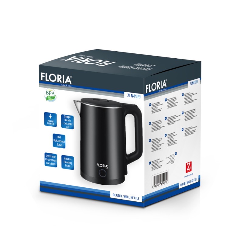 Fierbator electric Floria ZLN4919 Negru, putere 1500W, capacitate 2 L, indicator luminos
