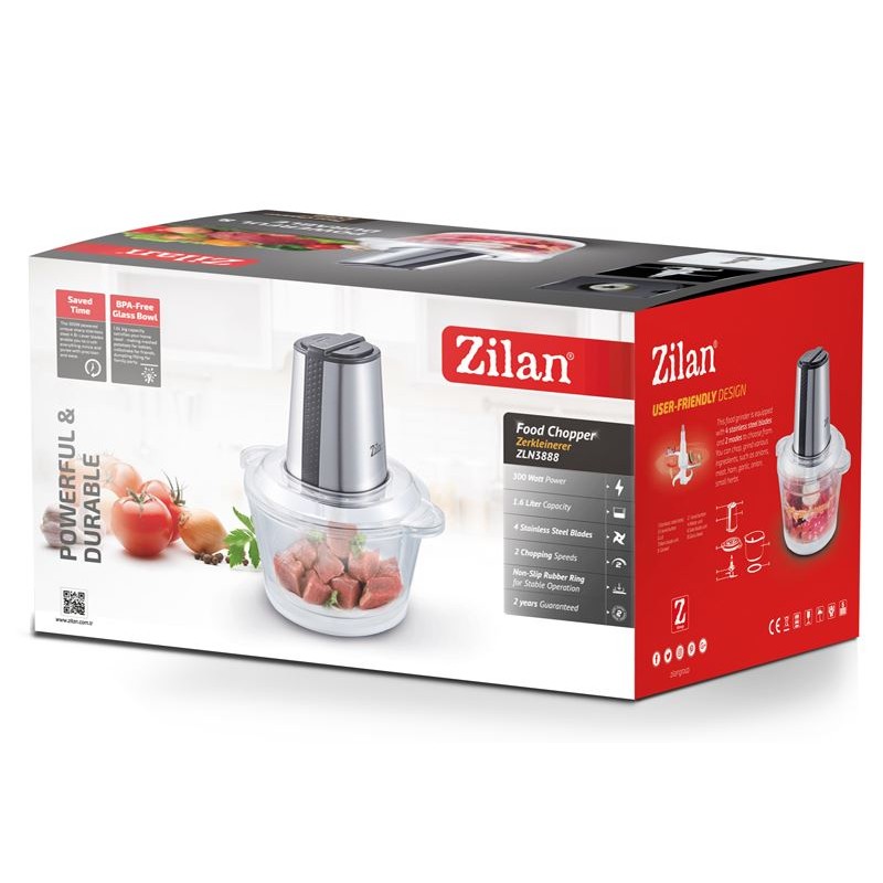 Tocator legume-fructe ZILAN ZLN-3888, Putere 300W, Vas din sticla 1.6L, 4 lame inox, 2 trepte de viteza