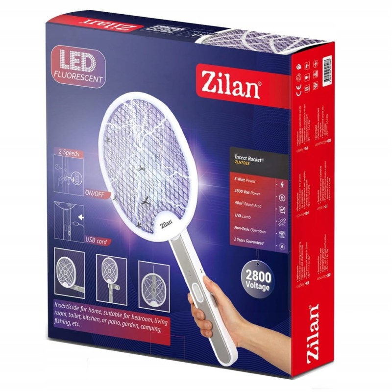 Paleta electrica anti-insecte, Zilan ZLN7088 Alba, 2800 Volti, lampa cu LED