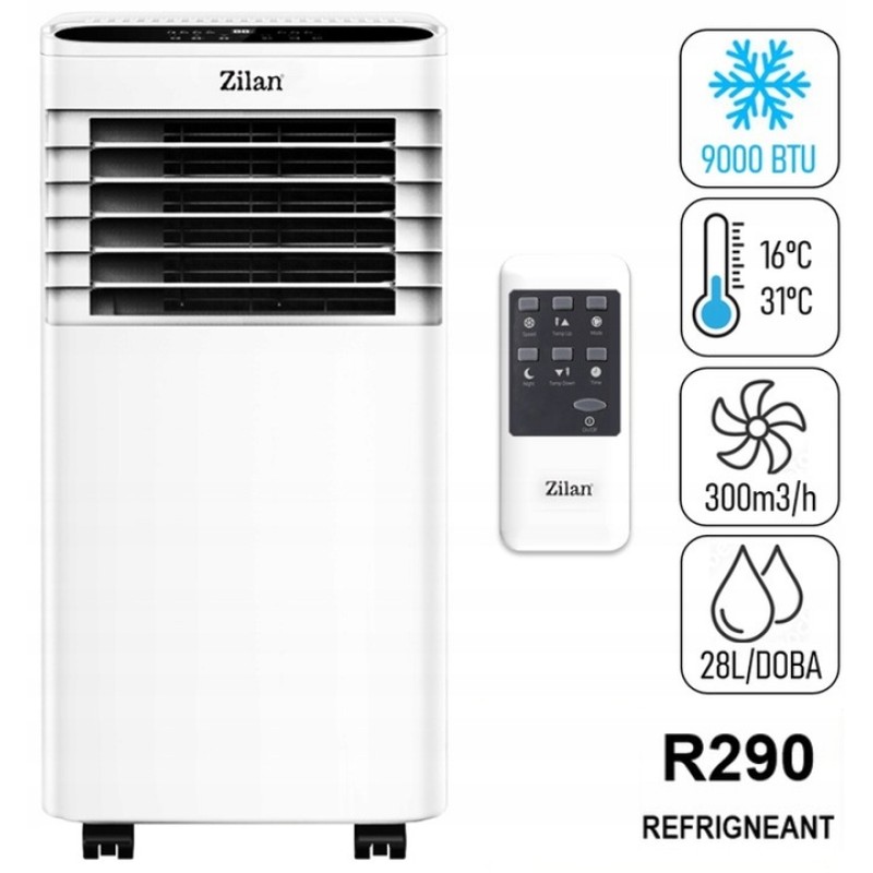 Aer conditionat portabil Zilan ZLN7101 Alb, functie de racire, dezumidificare si ventilatie,9000 btu, filtru detasabil