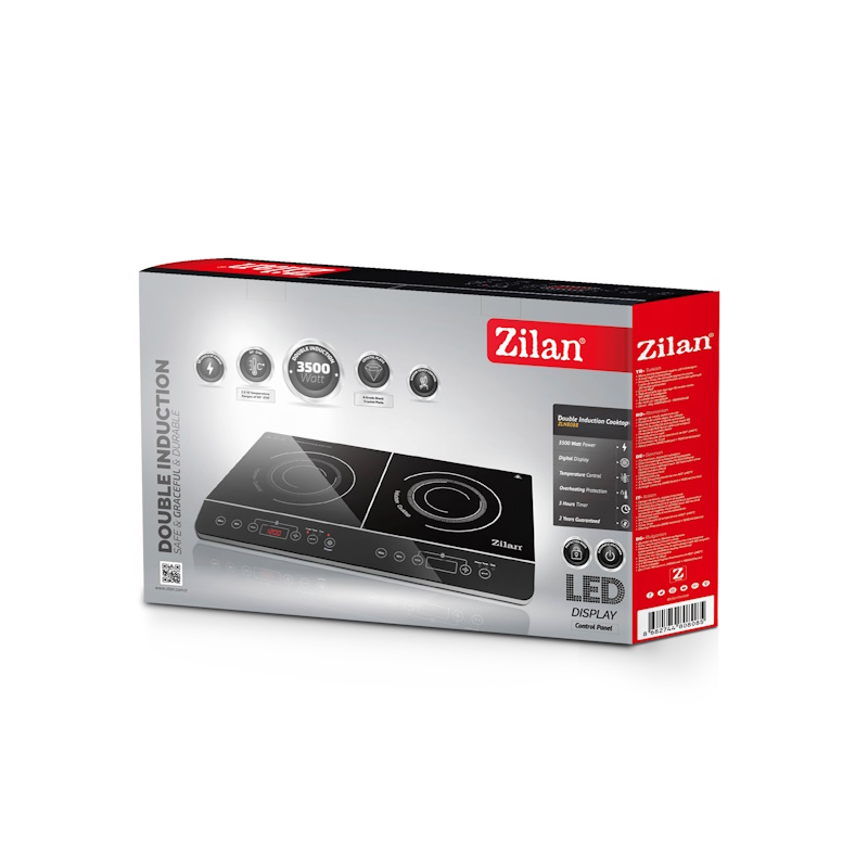 Plita cu inductie Zilan ZLN8088 Neagra, doua ochiuri, putere 3500W, geam din cristal negru