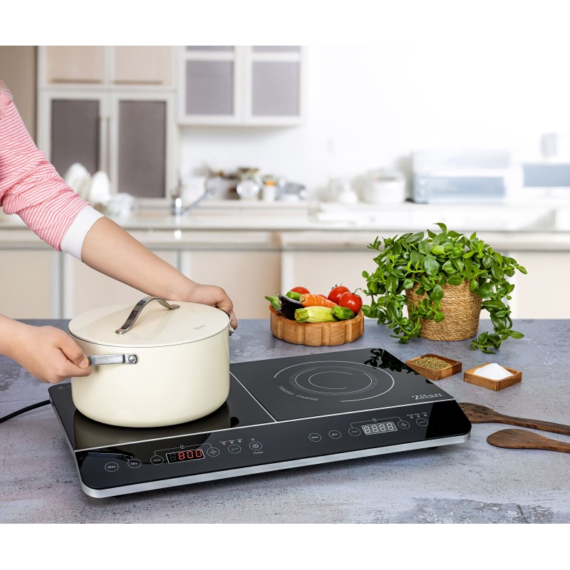 Plita cu inductie Zilan ZLN8088 Neagra, doua ochiuri, putere 3500W, geam din cristal negru