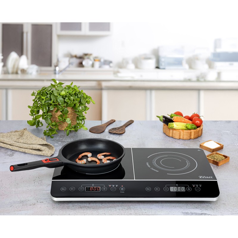 Plita cu inductie Zilan ZLN8088 Neagra, doua ochiuri, putere 3500W, geam din cristal negru