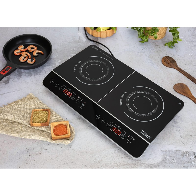 Plita cu inductie Zilan ZLN8088 Neagra, doua ochiuri, putere 3500W, geam din cristal negru