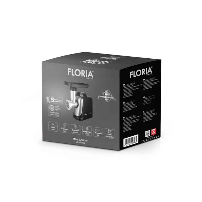 Masina de tocat Floria ZLN7965 Neagra, putere 1300W, doua site, functie de revers, lama din otel