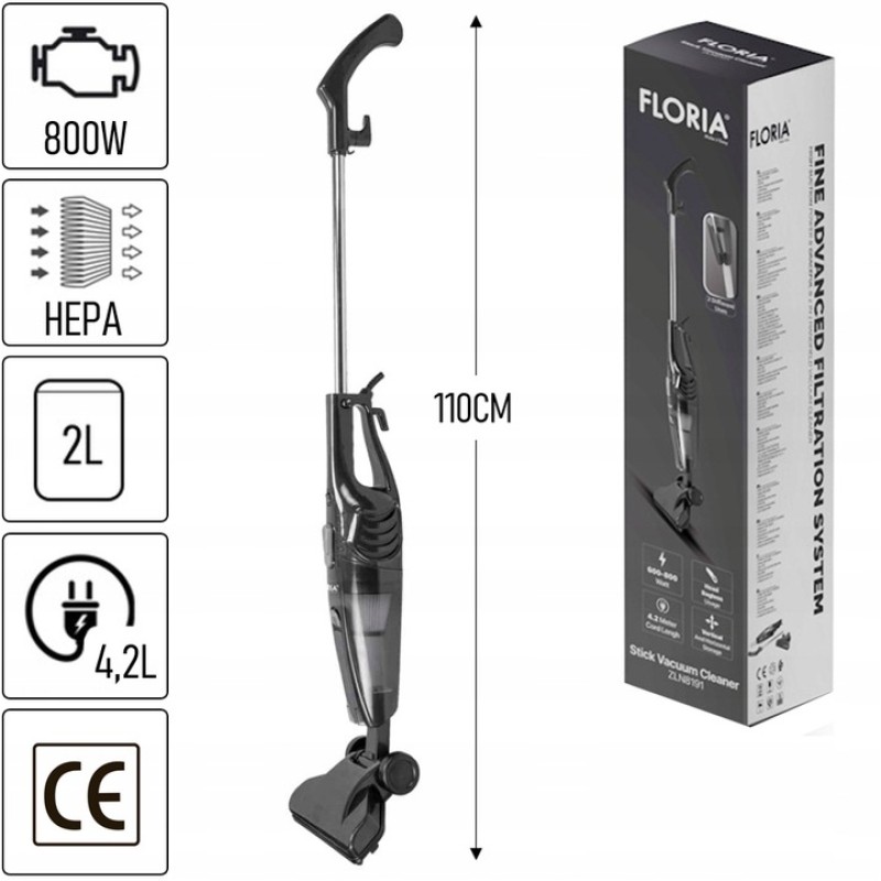 Aspirator vertical Floria ZLN8191 Negru, 2 in 1, fara sac, 800W, cablu de 4.2 m