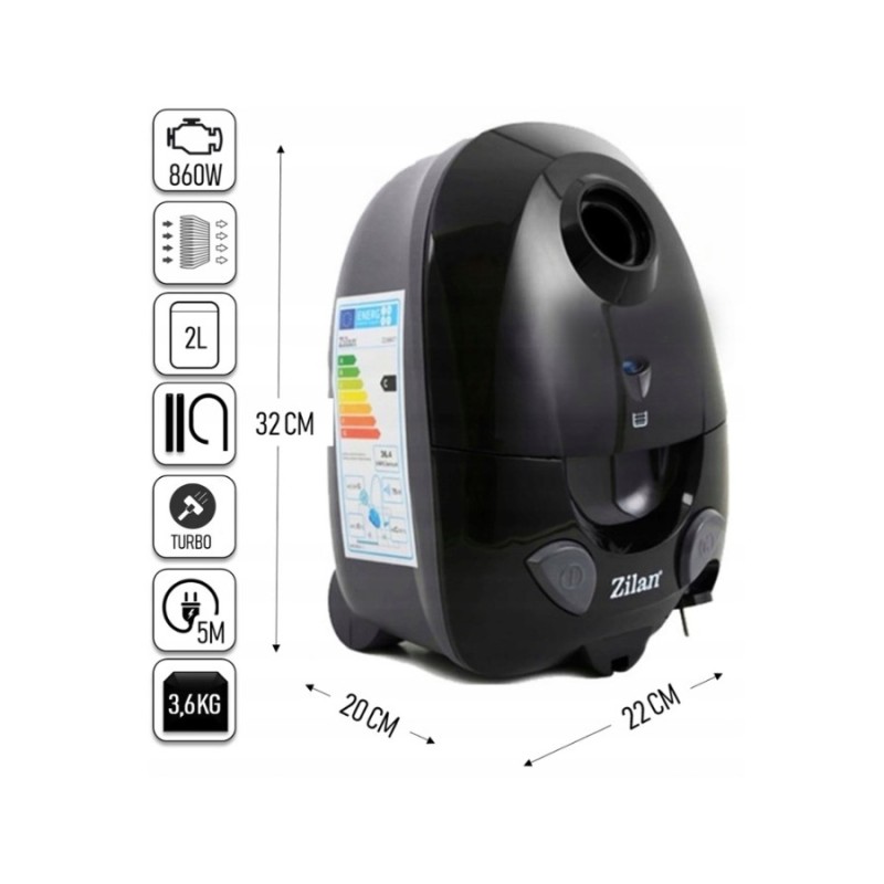 Pachet aspirator Zilan ZLN8471 cu cap turbo ZLN0386 , Negru, sac cu capacitate de 2 l, putere 1200W, cablu de 5 m