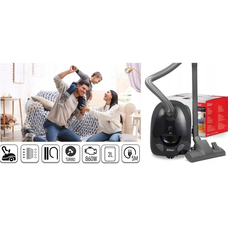 Pachet aspirator Zilan ZLN8471 cu cap turbo ZLN0386 , Negru, sac cu capacitate de 2 l, putere 1200W, cablu de 5 m