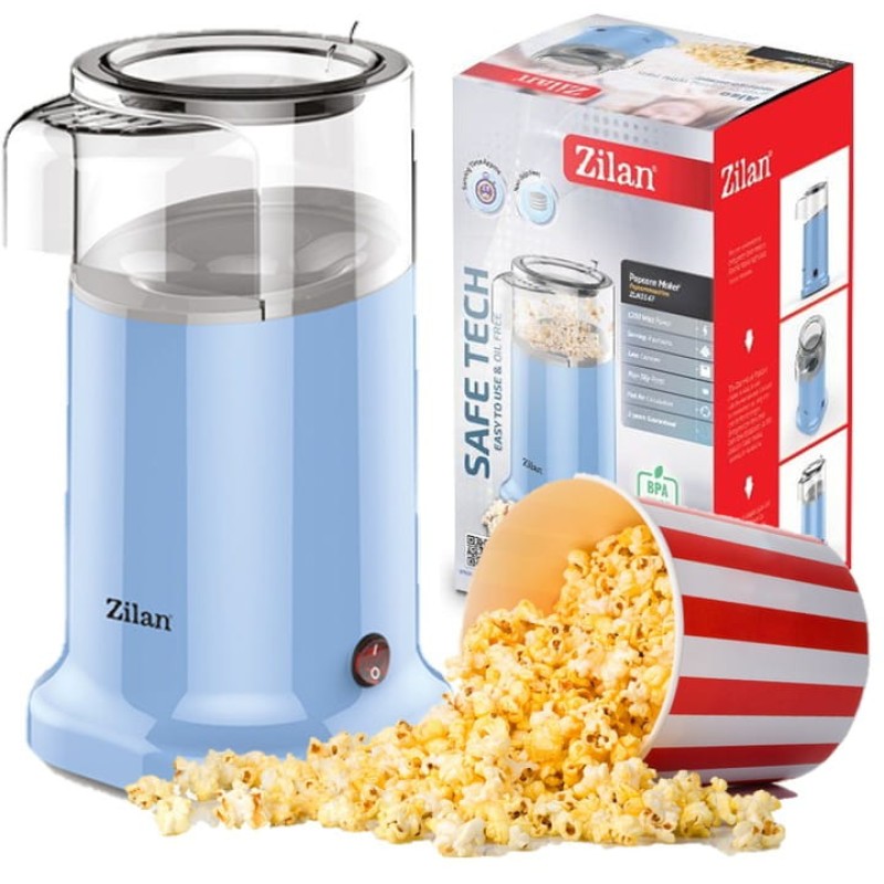 Aparat Pentru Popcorn Zilan ZLN-3147, Putere 1200W, sistem cu jet de aer cald, Bleu