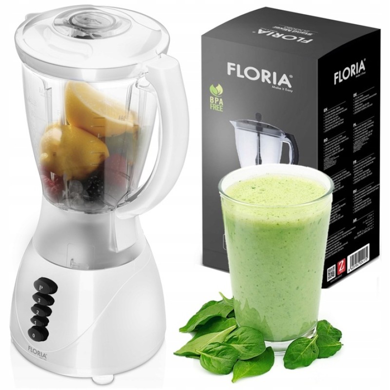 Blender FLORIA ZLN3081 ALB, Putere 300W, capacitate 1.5L, 3 viteze, Functie pulss, vas de plastic