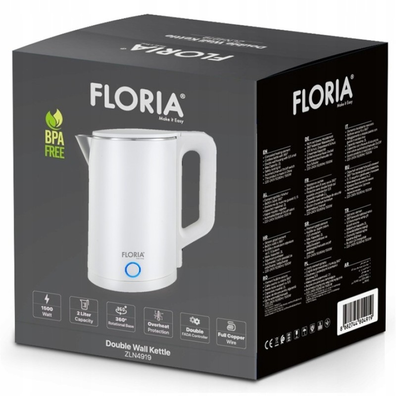 Fierbator electric Floria ZLN4920 Alb, putere 1500W, capacitate 2 litri, protectie la supraincalzire
