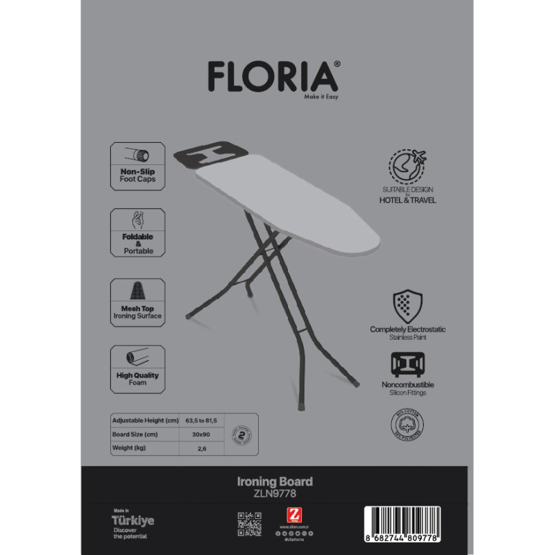 Mini masa de calcat Floria ZLN9778 Gri, suport pentru fier de calcat, blat din plasa