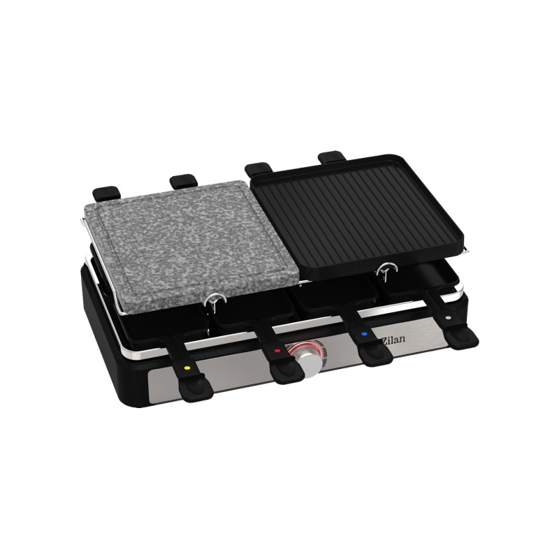 Gratar electric cu raclette Zilan ZLN8863, placa de piatra si placa de aluminiu, putere 1400 W, Gri