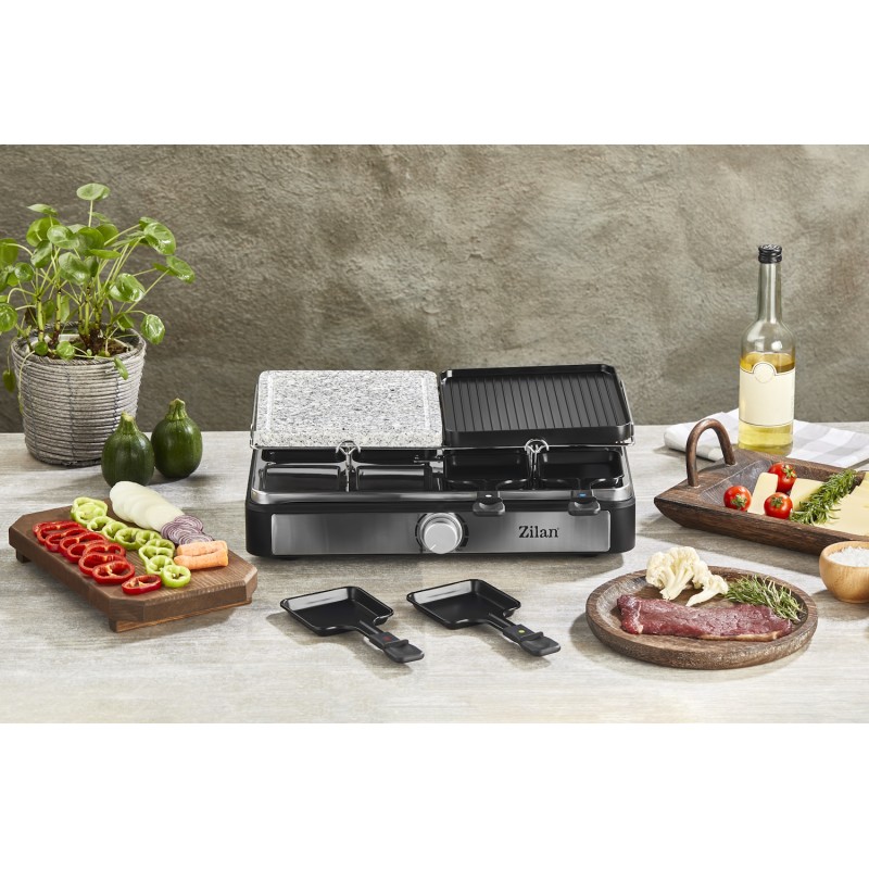 Gratar electric cu raclette Zilan ZLN8863, placa de piatra si placa de aluminiu, putere 1400 W, Gri