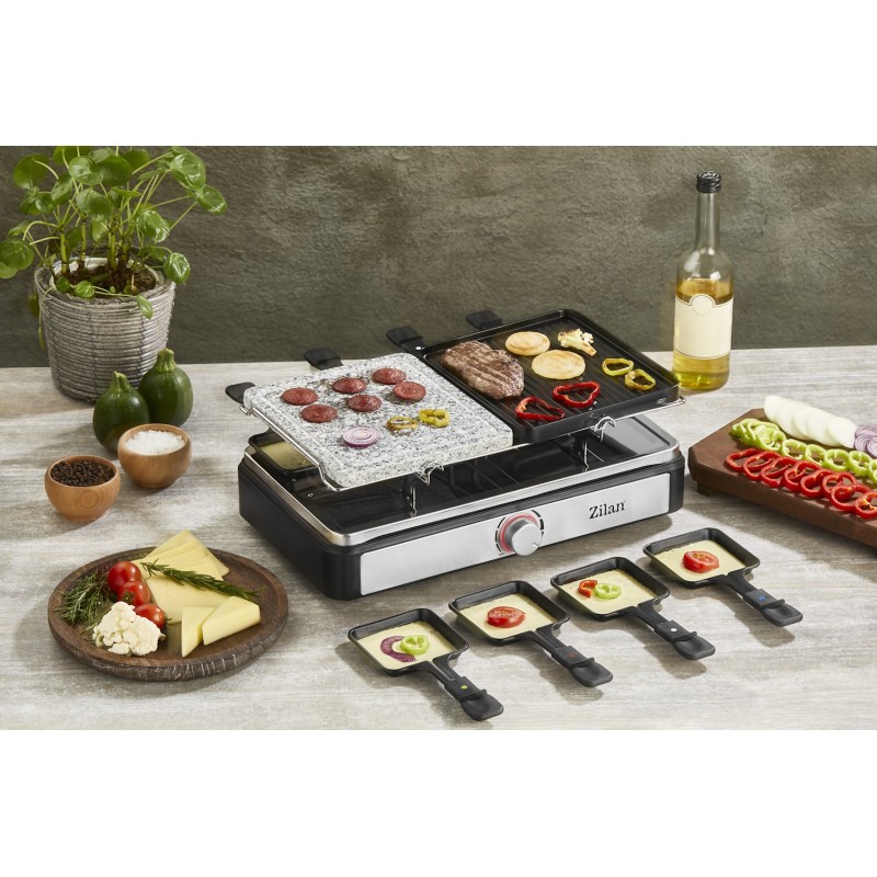 Gratar electric cu raclette Zilan ZLN8863, placa de piatra si placa de aluminiu, putere 1400 W, Gri