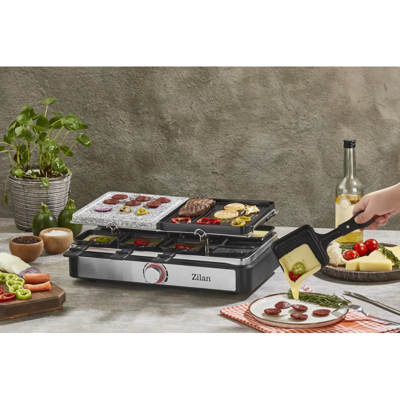 Gratar electric cu raclette Zilan ZLN8863, placa de piatra si placa de aluminiu, putere 1400 W, Gri