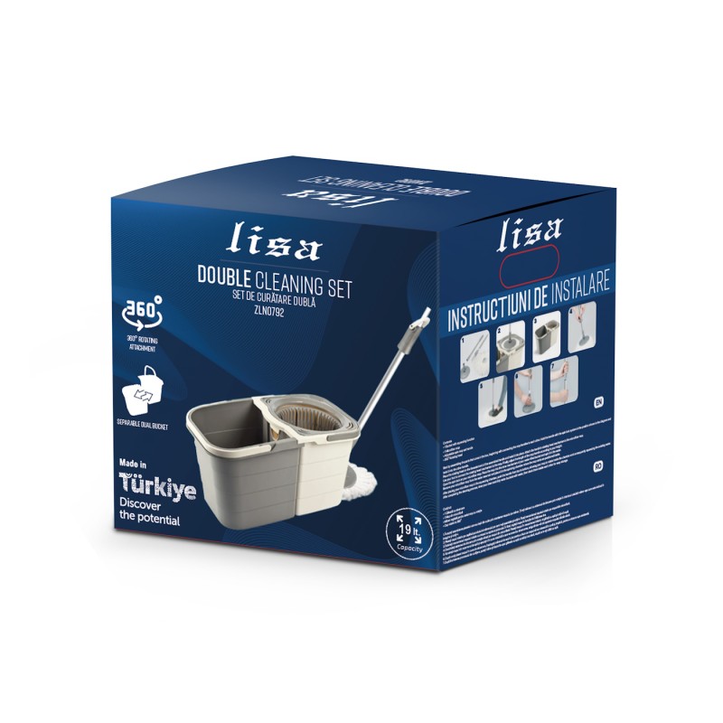 Mop rotativ Lisa ZLN0792 cu doua recipiente separabile, maner ajustabil, Gri