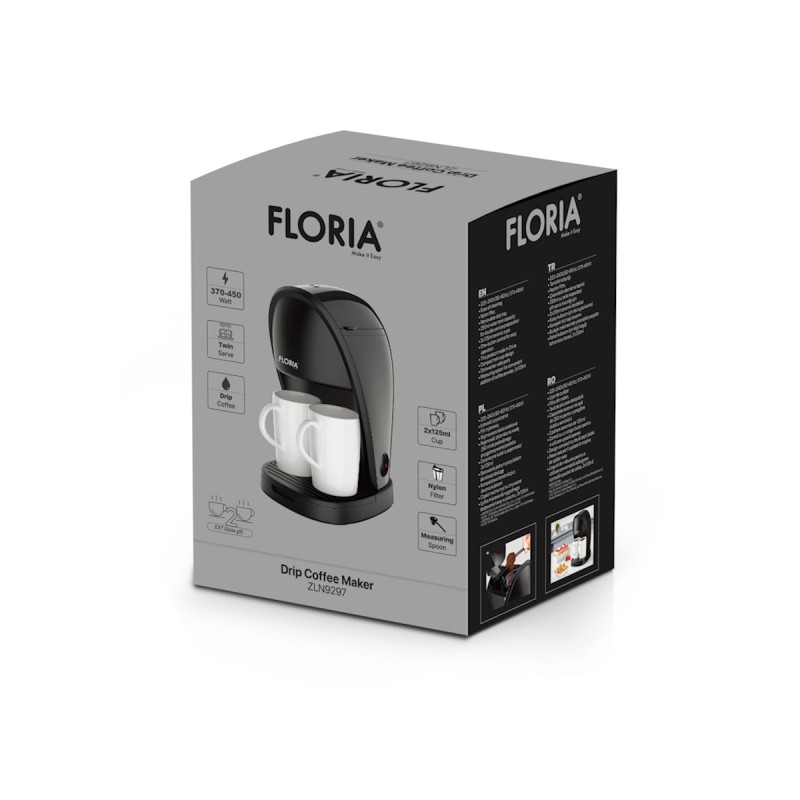 Aparat de facut cafea Floria ZLN9297, filtru de nailon, cupa pentru masurat, 2 cesti incluse, Negru