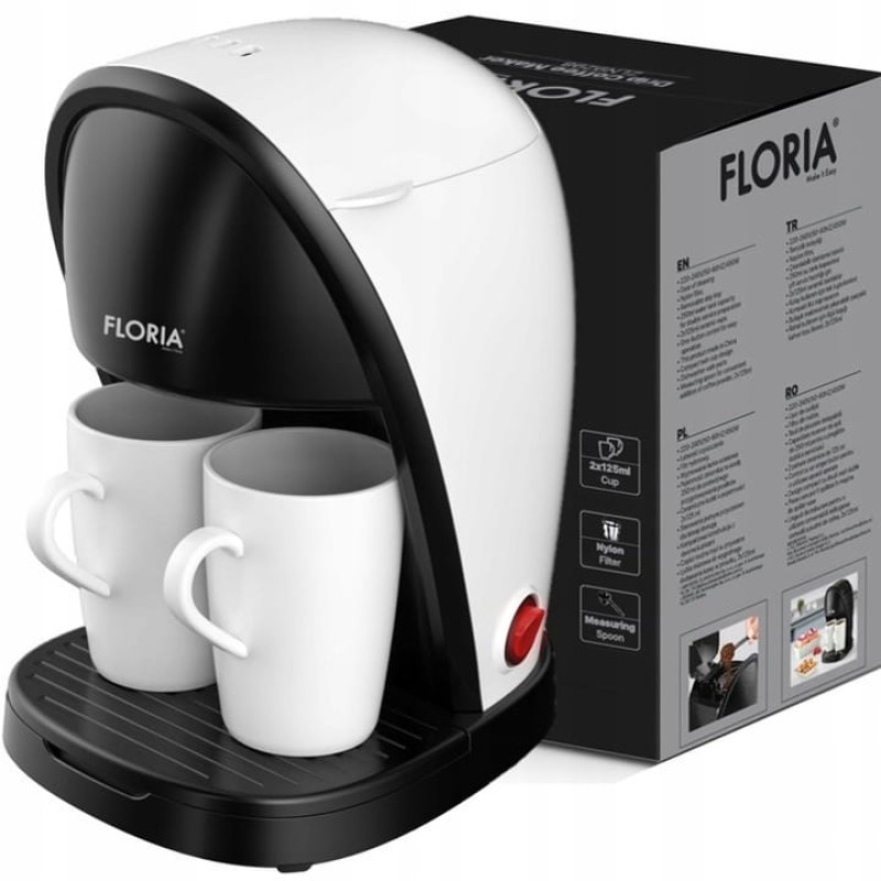 Aparat de facut cafea Floria ZLN9298, filtru de nailon, cupa pentru masurat, 2 cesti incluse, Alb