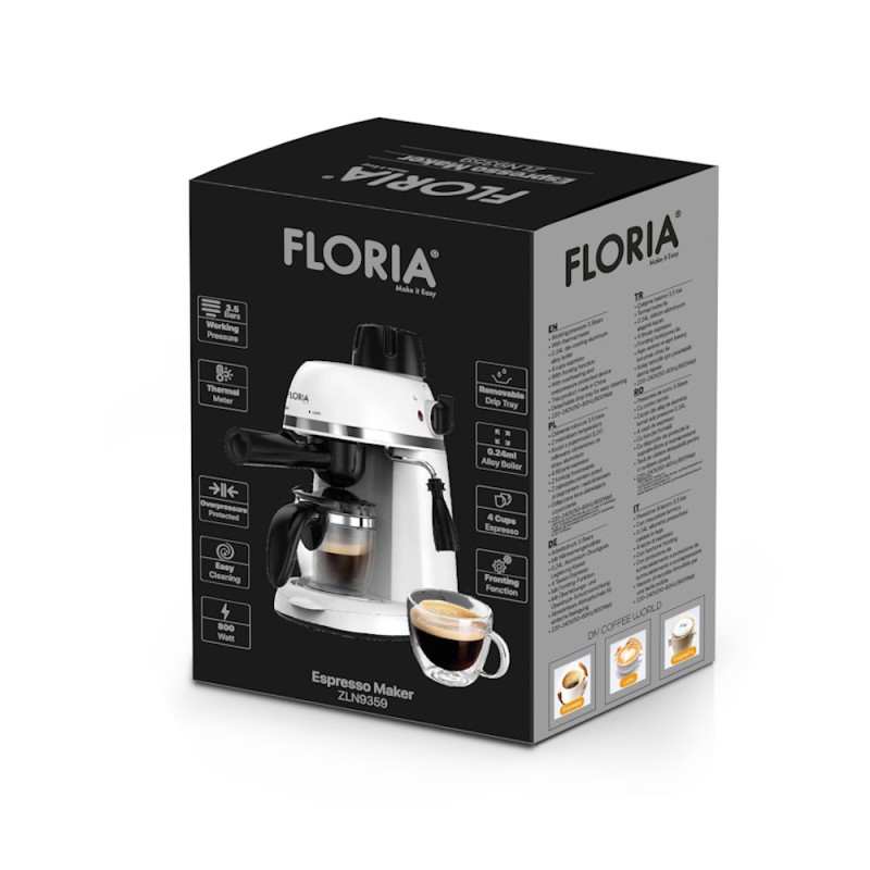 Espressor Floria ZLN9359 Alb, putere 800W, presiune de 3.5 bari, usor de curatat