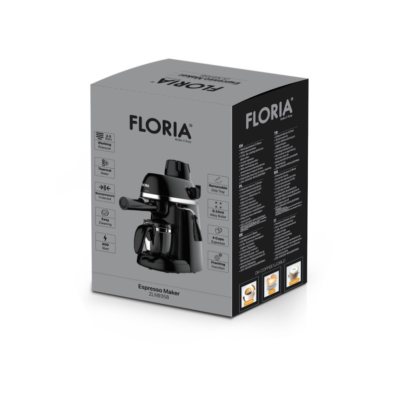 Espressor Floria ZLN9358 Negru, putere 800W, presiune de 3.5 bari, usor de curatat