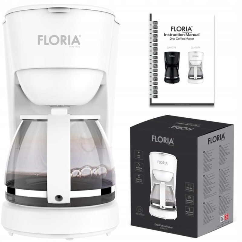 Aparat de facut cafea Floria ZLN9274 Alb, putere 600W, oprire automata, vas de 1.2 litrii