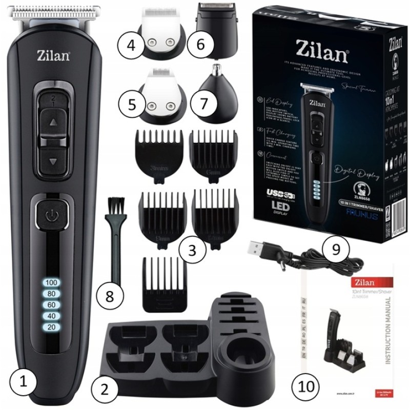 Aparat de tuns 10 in 1 Zilan ZLN8658 cu suport, 5 capete deferite + 5 nivele de tundere