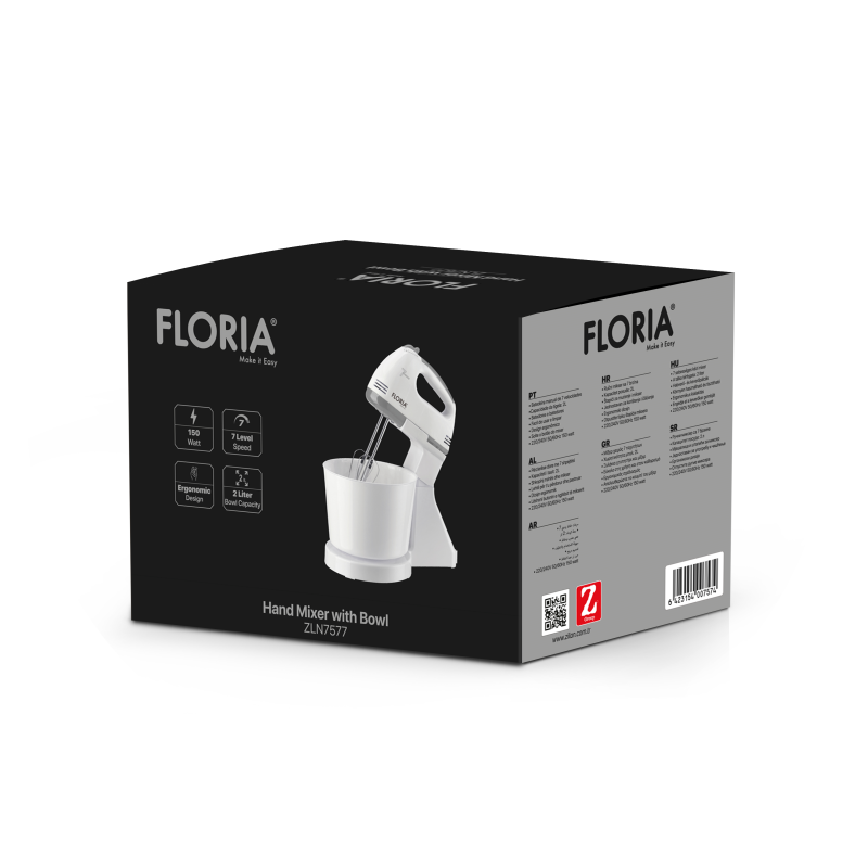 Mixer cu bol Floria ZLN-7577 ALB, 7 viteze, Bol plastic 2 Litri, Putere 150W, ALB