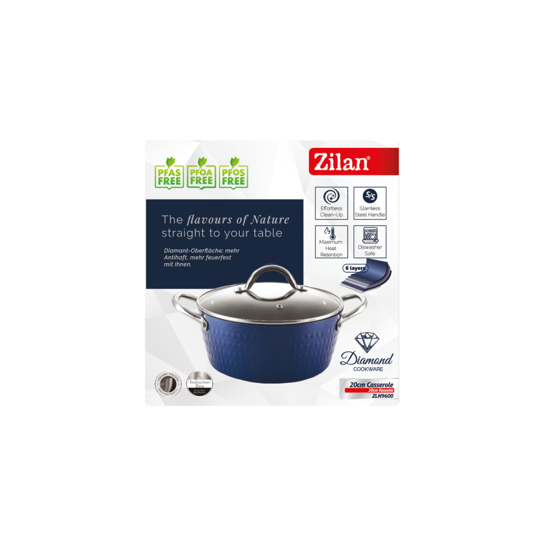 Oala cu capac Zilan ZLN9600 diamond, cu baza de inductie, ceramica si inox, usor de spalat, 20 cm,2.1L