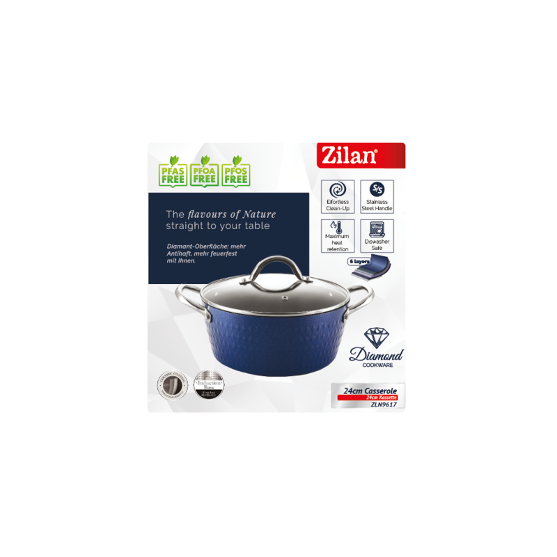 Oala cu capac Zilan ZLN9617 diamond, cu baza de inductie, ceramica si inox, usor de spalat, 24 cm,4L