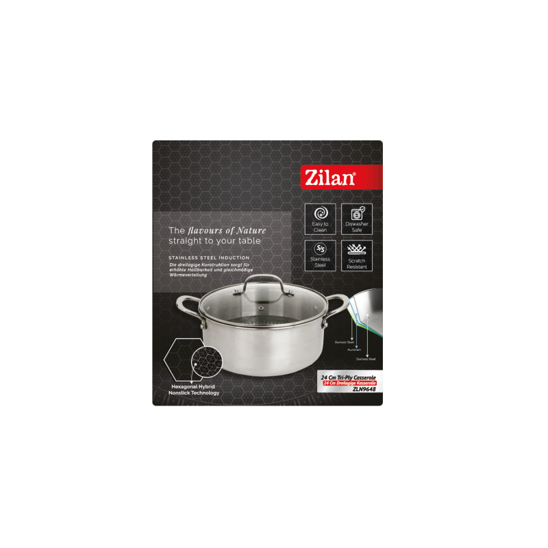 Oala Zilan ZLN9648 cu capac, tri-ply, inox, antiaderent, protectie la zgarieturi, usor de spalat, 24 cm,4.3L