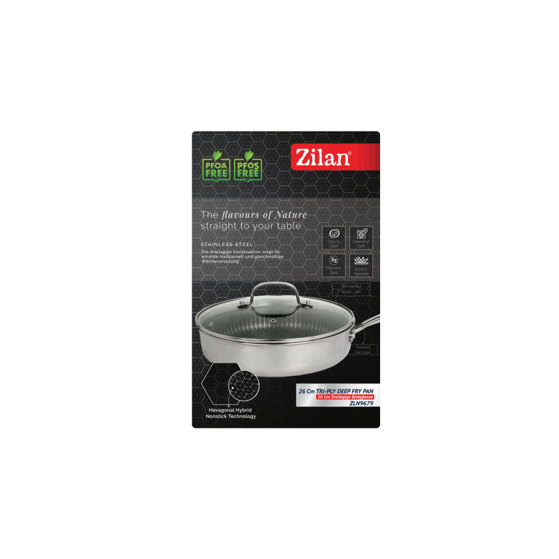 Tigaie inalta Zilan ZLN9679 cu capac tri-ply, inox, antiaderent, protectie la zgarieturi, usor de spalat, 26 cm ,3.2L