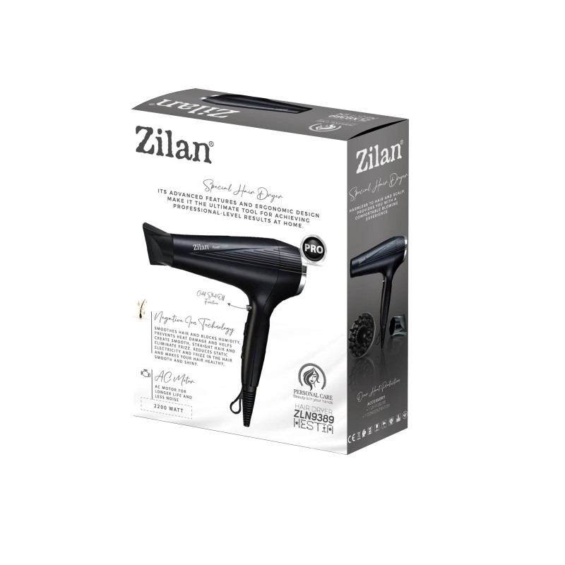 Uscator de par Zilan ZLN9389, 2200W, 2 trepte de viteza, 3 trepte de temperatura, cu aer cald si rece, Negru