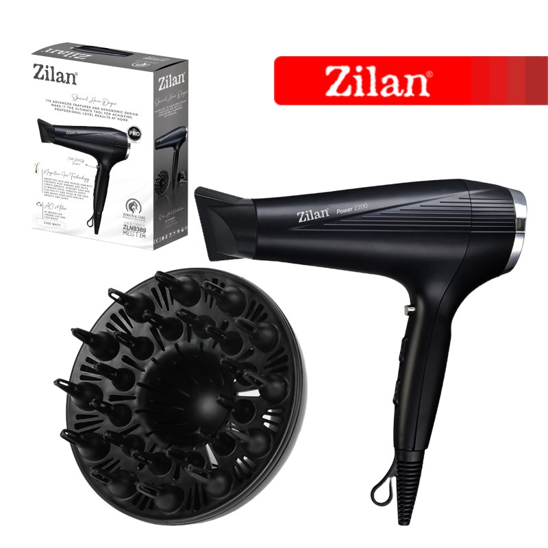 Uscator de par Zilan ZLN9389, 2200W, 2 trepte de viteza, 3 trepte de temperatura, cu aer cald si rece, Negru