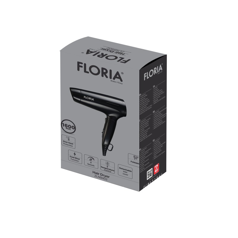 Uscator de par Floria ZLN9402, 1600W, 2 trepte de viteza, 3 trepte de temperatura, protectie la supraincalzire, Negru