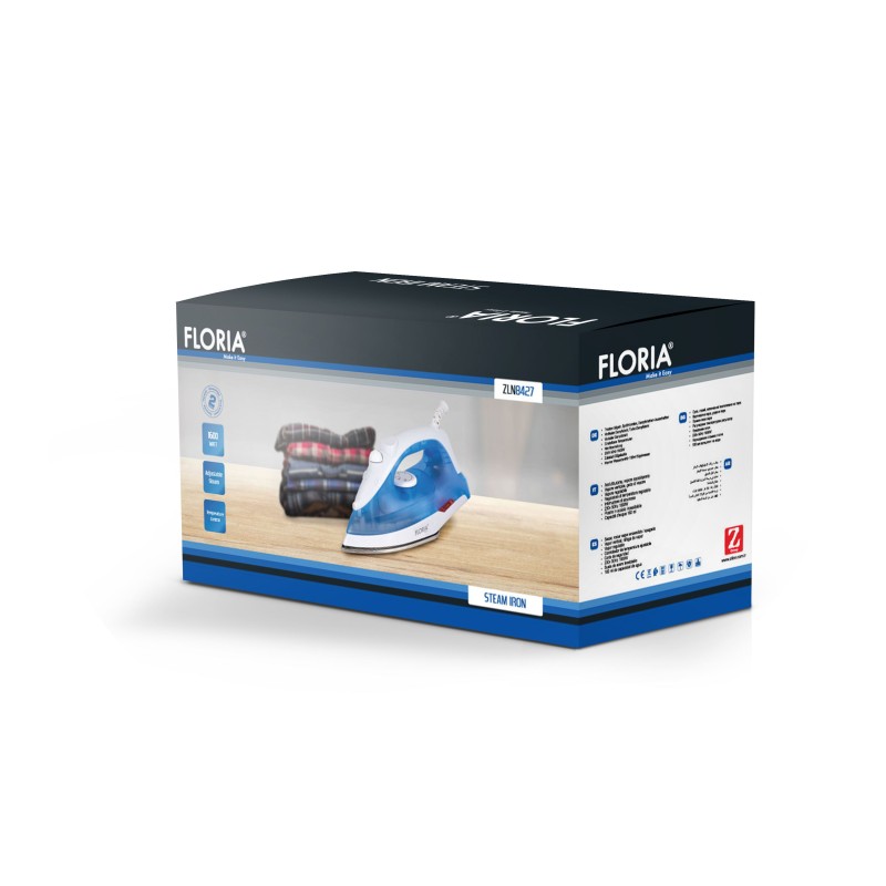 Fier de calcat Floria ZLN9686, 1600W, capacitate 180ml, temperatura reglabila, talpa din inox