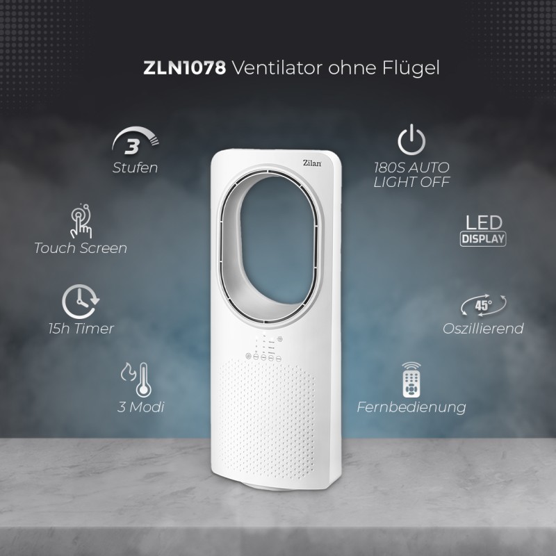 Ventilator fara palete Zilan ZLN1078, 50W, Timer, 3 trepte de viteza, 3 moduri presetate