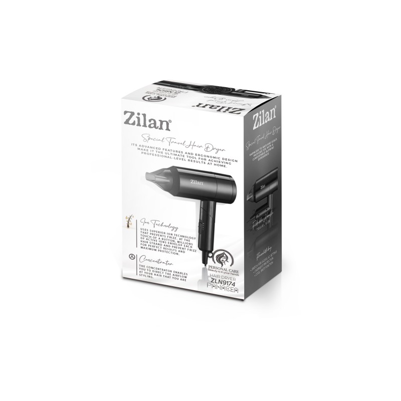 Uscator de par Zilan ZLN9174, Maner pliabil, 3 trepte de temperatura, 1800W, 2 trepte de viteza, Functie ionica,