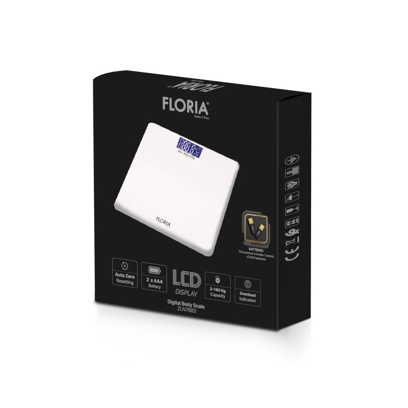 Cantar corporal Floria ZLN7683 din sticla securizata, capacitate 3-180Kg, Display LCD