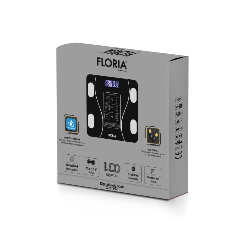 Cantar corporal Zilan ZLN8962 din sticla securizata, capacitate 3-180kg, Aplicatie OKOK, Display LCD