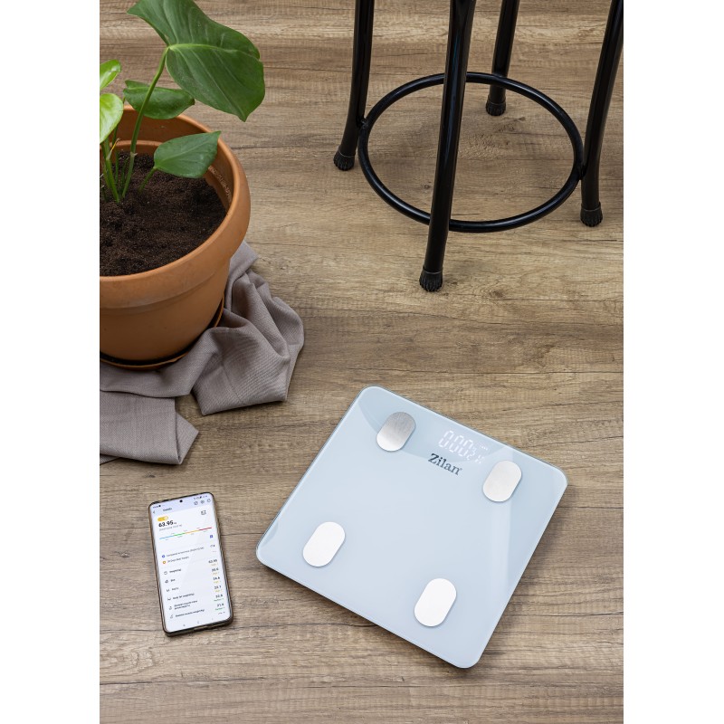 Cantar corporal Zilan ZLN8979 din sticla securizata, capacitate 3-180kg, Aplicatie OKOK, Display LCD