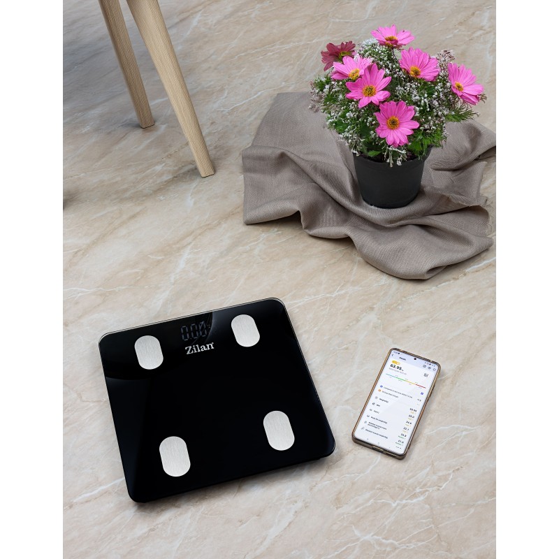 Cantar corporal Zilan ZLN8980 din sticla securizata, capacitate 3-180kg, Aplicatie OKOK, Display LED