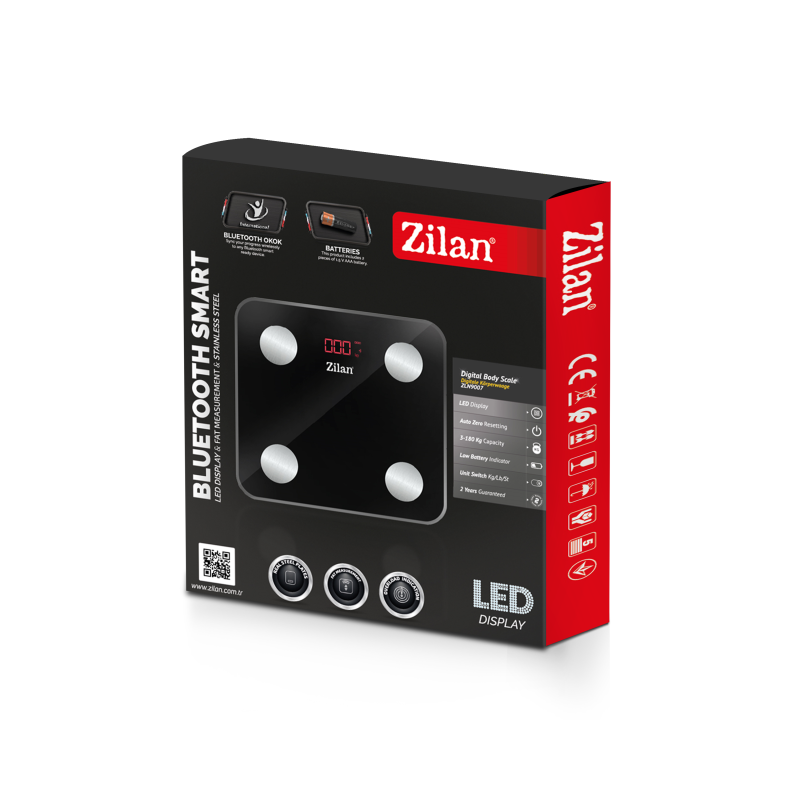 Cantar corporal Zilan ZLN9007 din sticla securizata, capacitate 3-180kg, Aplicatie OKOK, Display LED