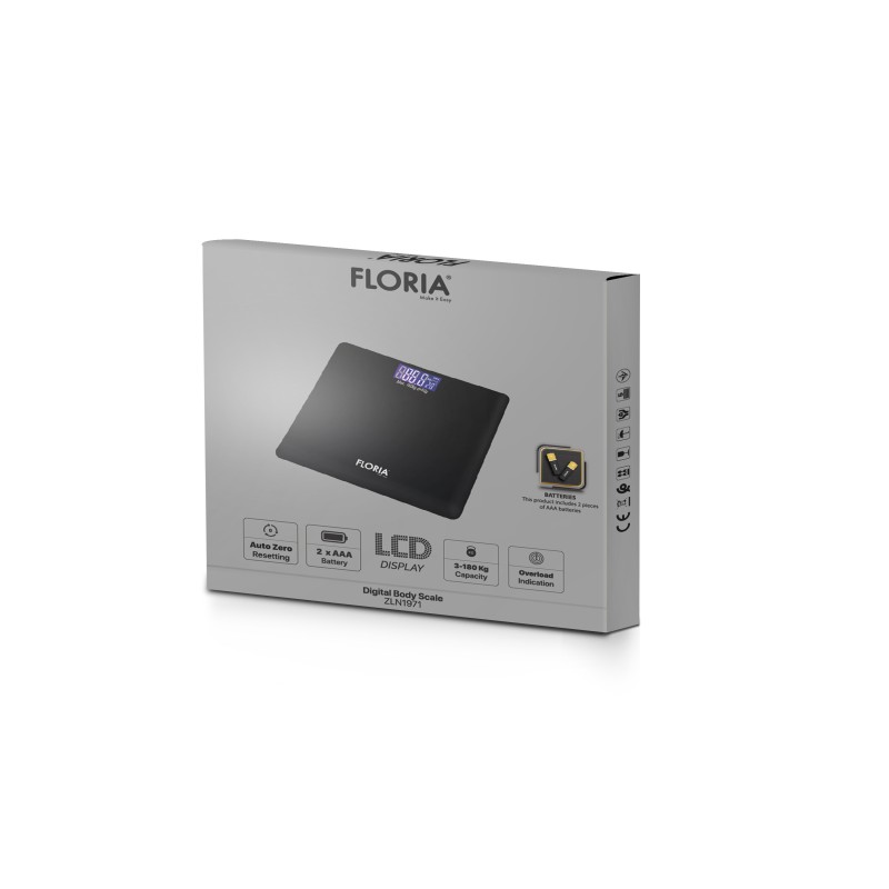 Cantar corporal Floria ZLN1971 din sticla securizata, capacitate 3-180kg, Display LCD