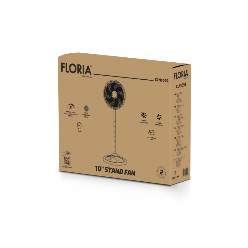 Ventilator cu picior Floria ZLN1092, Inaltime reglabila, Putere 55W, 3 trepte de viteza, Oscilatie, 2500RPM