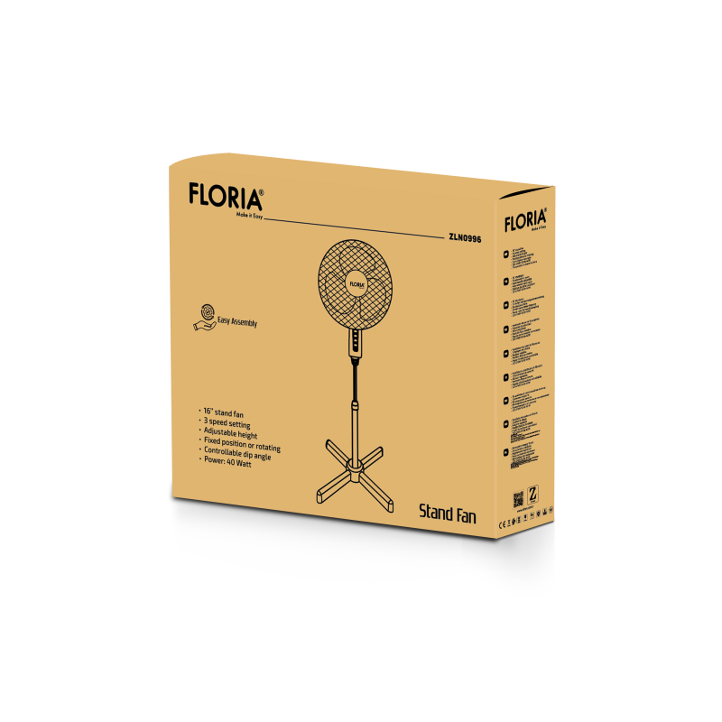 Ventilator cu picior Floria ZLN-0996, 3 trepte de viteza, inaltime reglabila, Rotire stanga-dreapta, Unghi inclinare reglabil, 40W