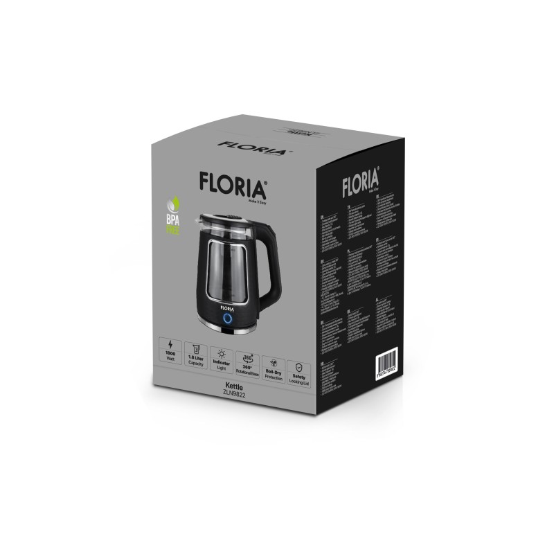 Fierbator Floria ZLN9822, Capacitate 1.8L, Baza rotativa 360°, Oprire automata/manuala, Indicator luminos, 1800W