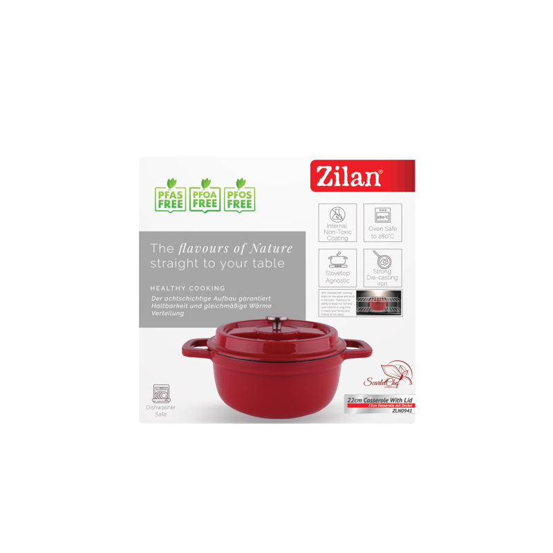 Oala Zilan ZLN0941, Din fier turnat sub presiune puternica, 2.6L, Diametru 22 cm, Inaltime 10 cm, Compatibila cuptor si masina de spalat vase