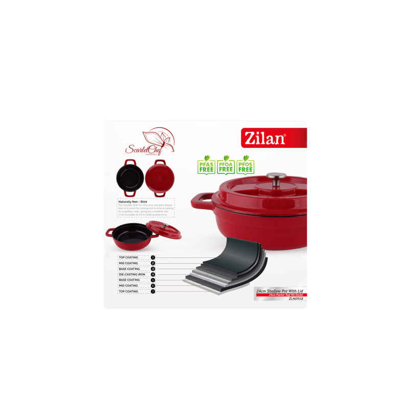Cratita Zilan ZLN0958, Din fier turnat sub presiune puternica, 2.1L, Diametru 24 cm, Inaltime 7 cm, Compatibila cuptor si masina de spalat vase, 7 straturi de material