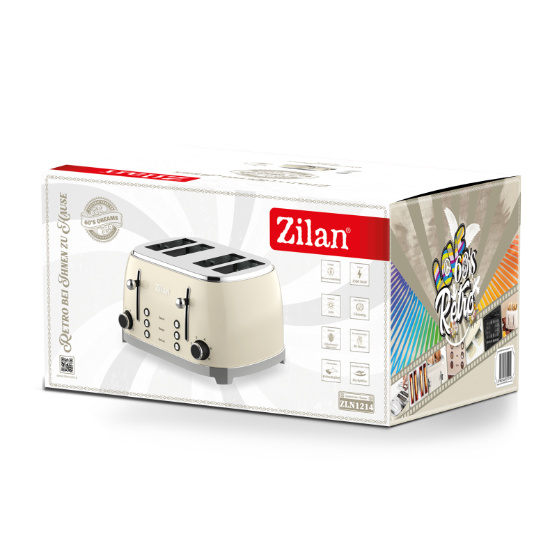 Prajitor de paine Retro Zilan ZLN1214, 4 felii de paine, 1500W, 6 trepte, dezghetare, reincalzire, picioruse antiderapante